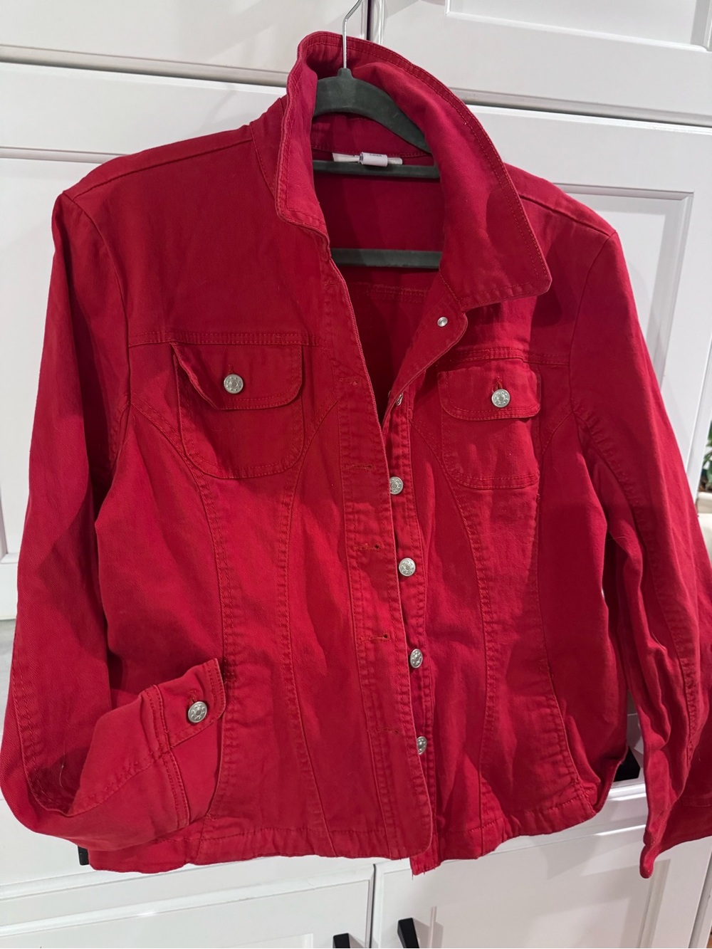 dressbarn Raspberry Red Women's Button-Front Jean Jacket - Picture 2 of 5